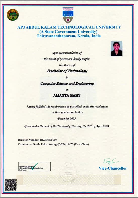Verified degree or teaching certification of Amanta