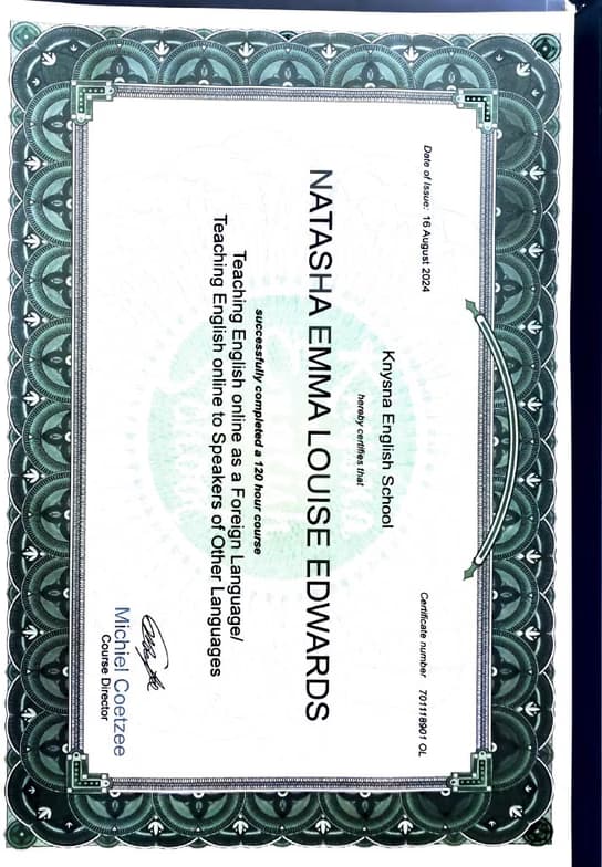 Verified degree or teaching certification of Natasha