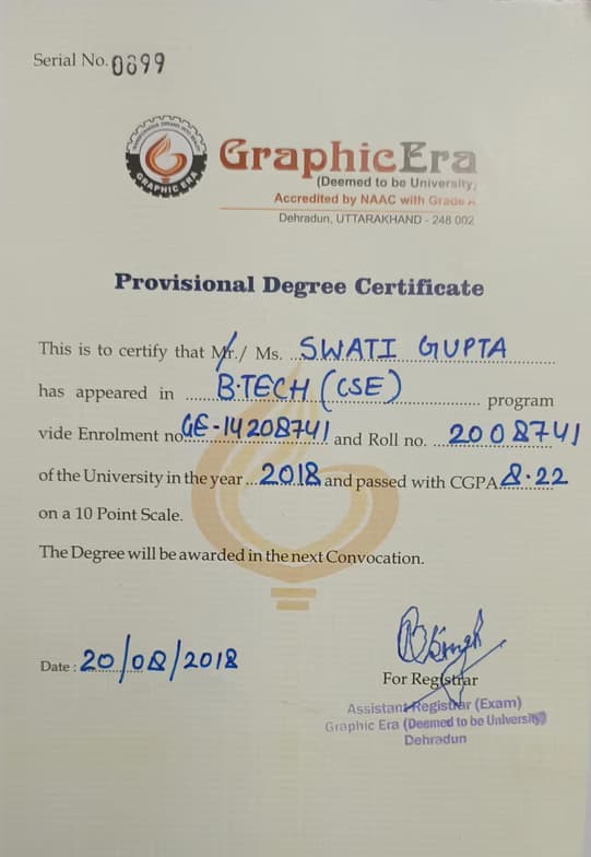 Verified degree or teaching certification of Swati