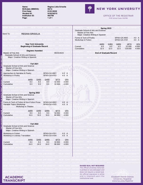Verified degree or teaching certification of Regina