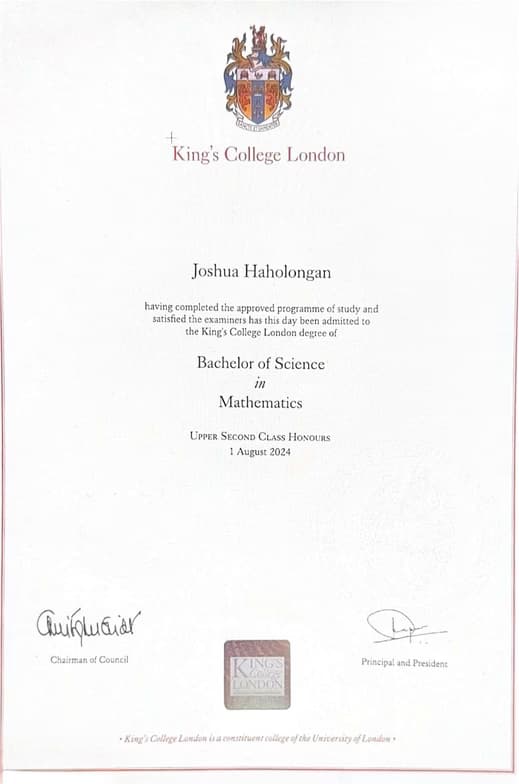 Verified degree or teaching certification of Joshua