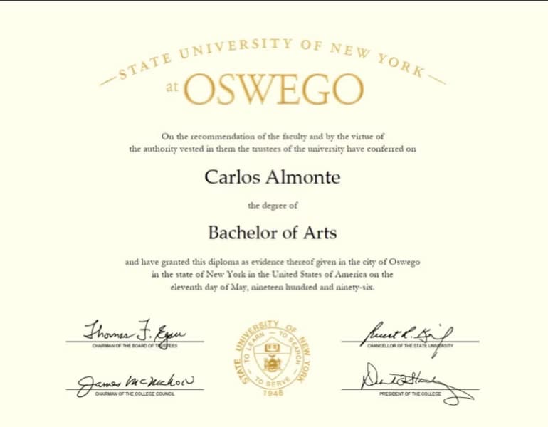 Verified degree or teaching certification of Carlos