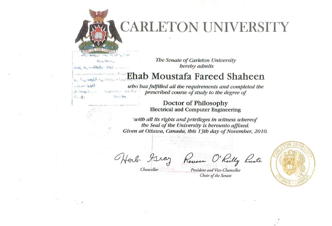 Verified degree or teaching certification of Ehab