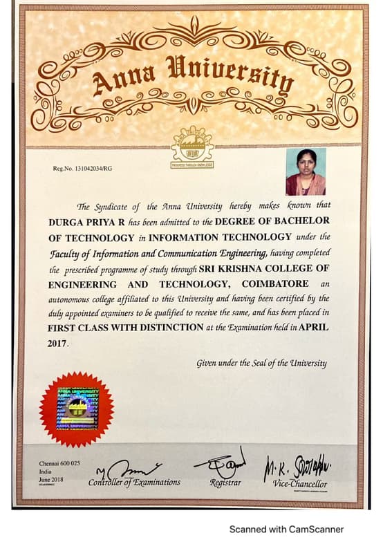 Verified degree or teaching certification of Durga Priya