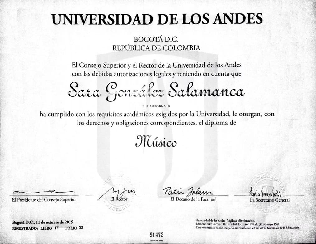 Verified degree or teaching certification of Sara