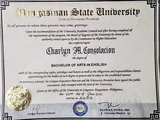 Verified degree or teaching certification of Charlyn