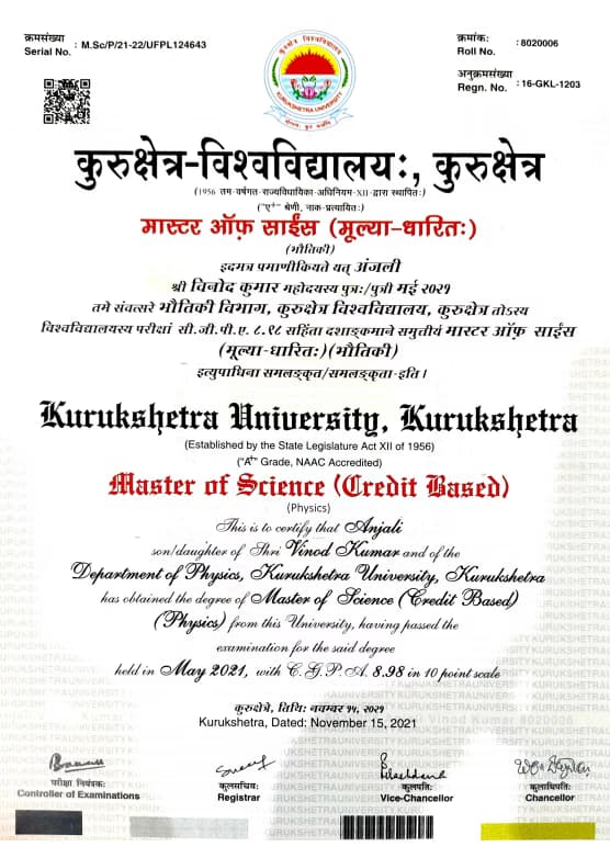 Verified degree or teaching certification of Anjali