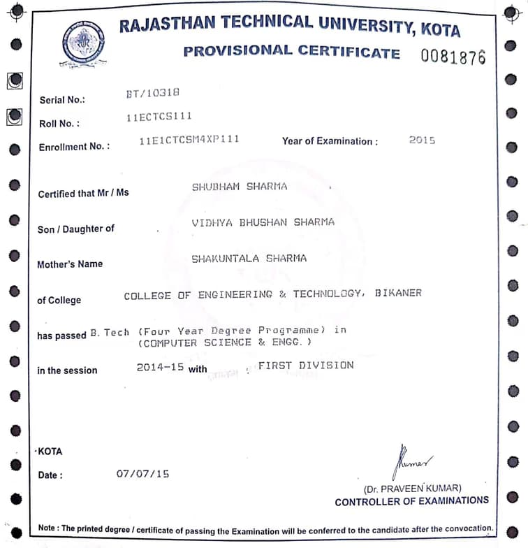 Verified degree or teaching certification of Shubham
