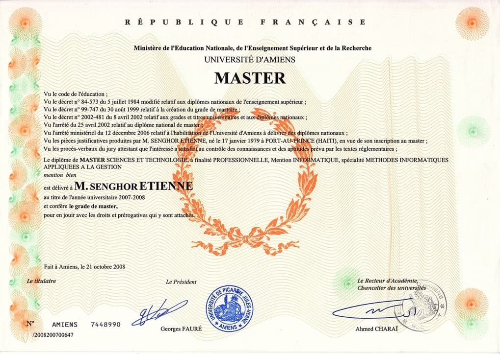 Verified degree or teaching certification of Senghor