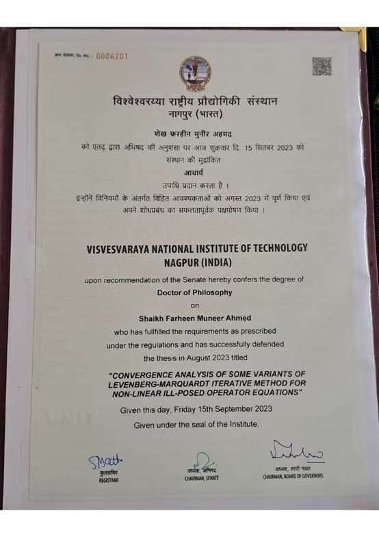 Verified degree or teaching certification of Farheen