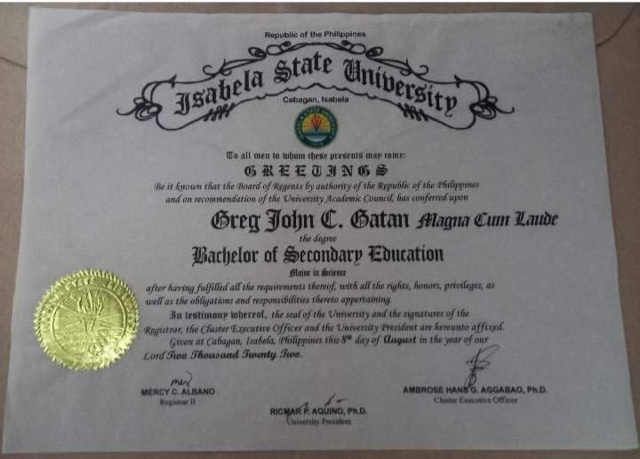 Verified degree or teaching certification of Greg John