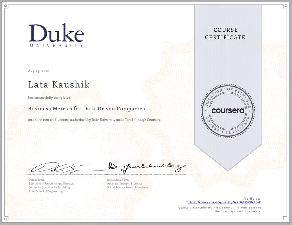 Verified degree or teaching certification of Lata