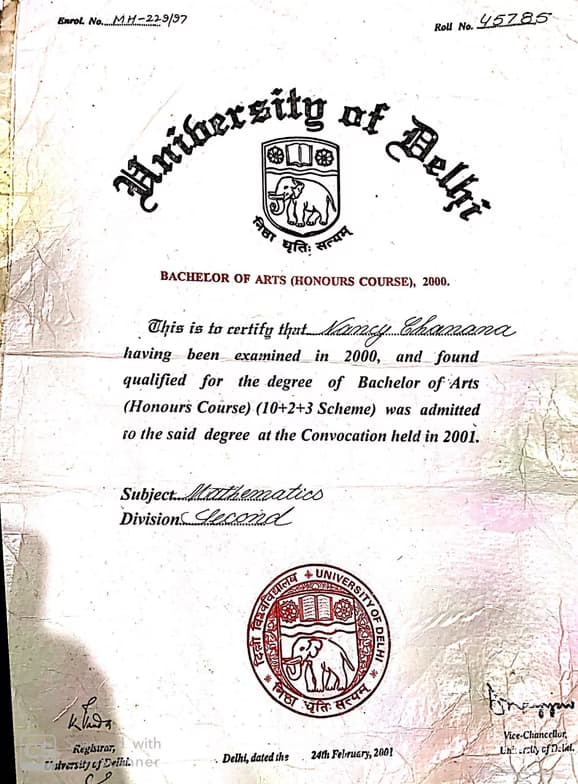 Verified degree or teaching certification of nancy