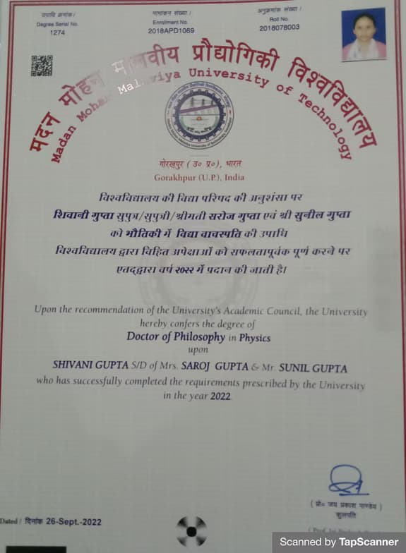 Verified degree or teaching certification of Shivani