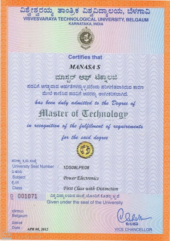 Verified degree or teaching certification of Manasa