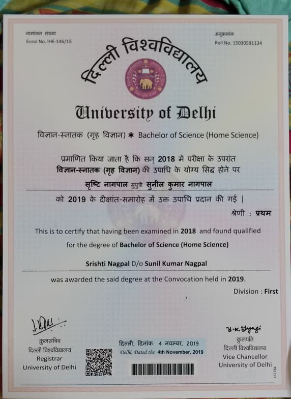 Verified degree or teaching certification of srishti