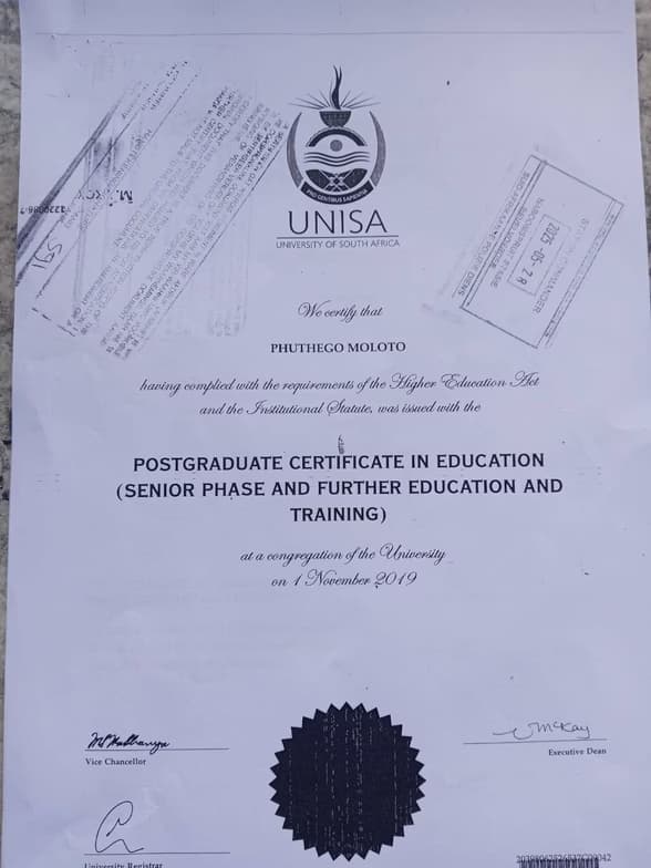 Verified degree or teaching certification of Phuthego
