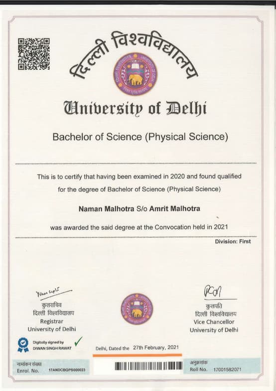 Verified degree or teaching certification of Naman