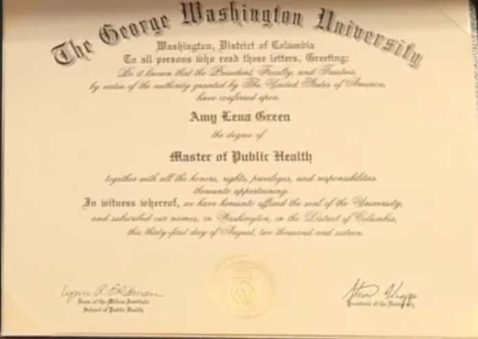 Verified degree or teaching certification of Amy