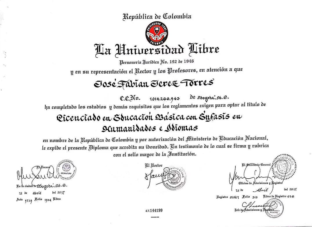 Verified degree or teaching certification of Jose