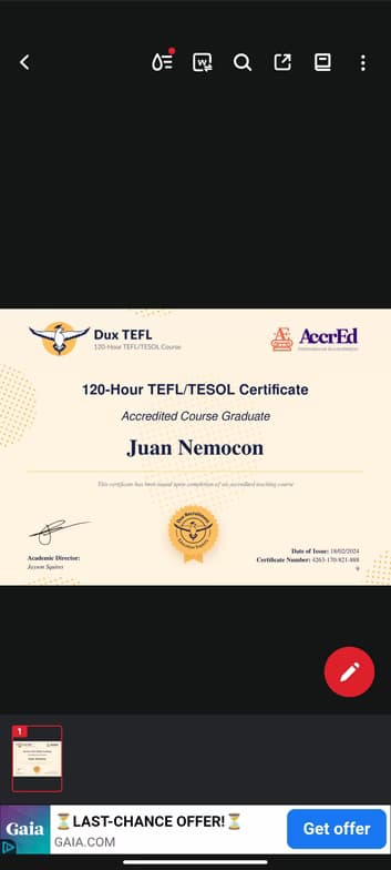 Verified degree or teaching certification of Juan Sebastian