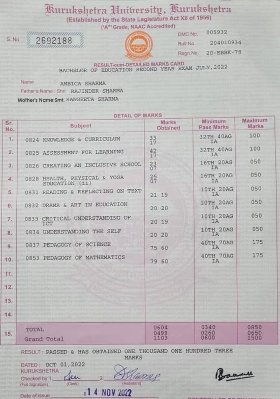 Verified degree or teaching certification of ambica