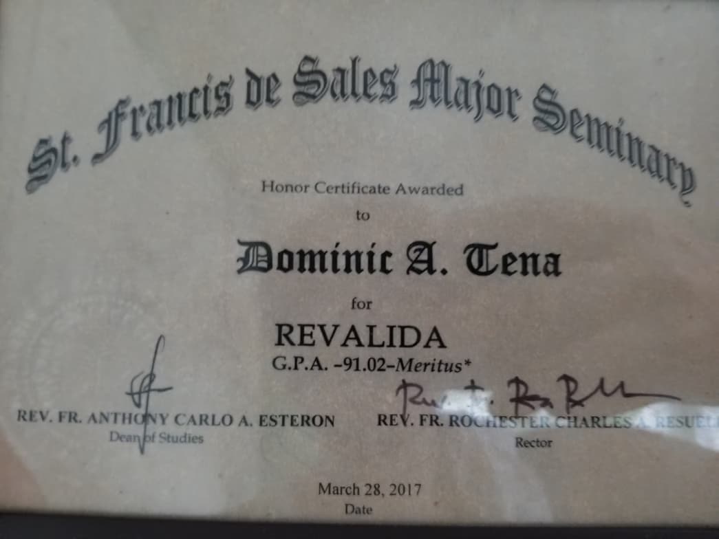 Verified degree or teaching certification of Dominic
