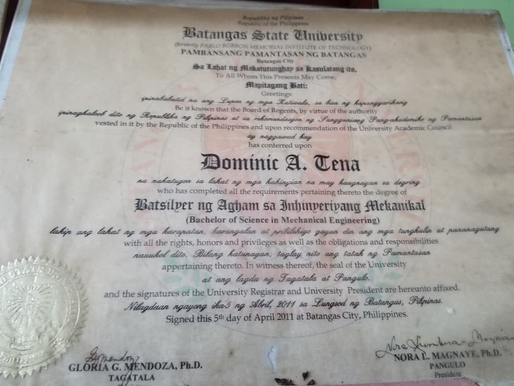 Verified degree or teaching certification of Dominic