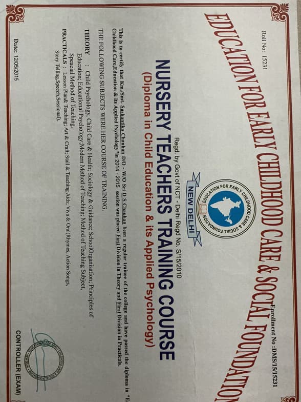 Verified degree or teaching certification of Sushantika