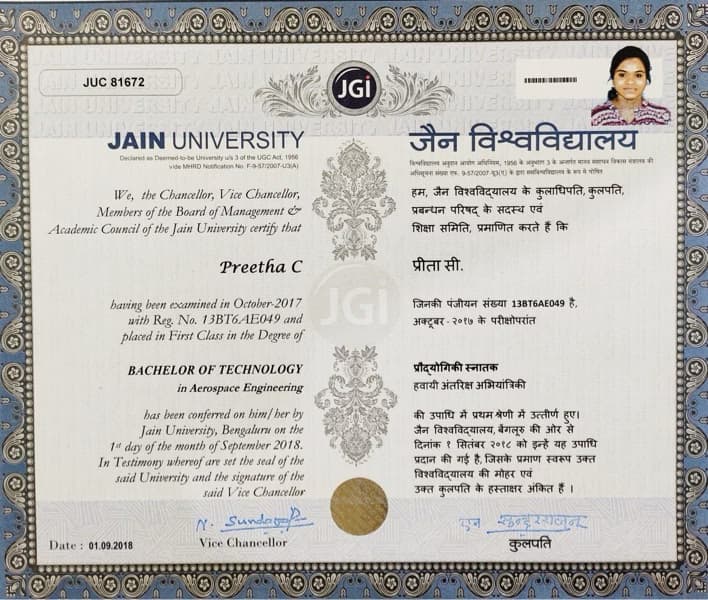 Verified degree or teaching certification of Preetha