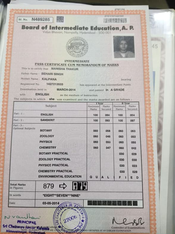 Verified degree or teaching certification of Manisha