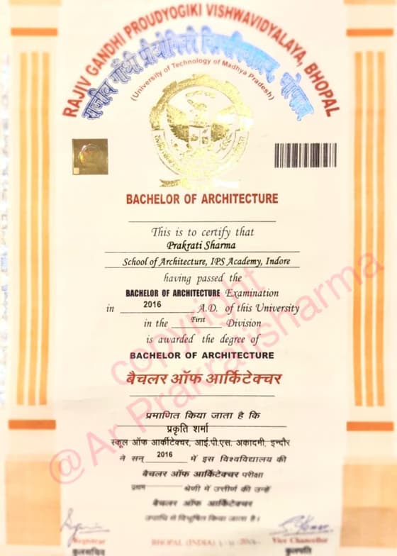 Verified degree or teaching certification of Ar.Prakrati