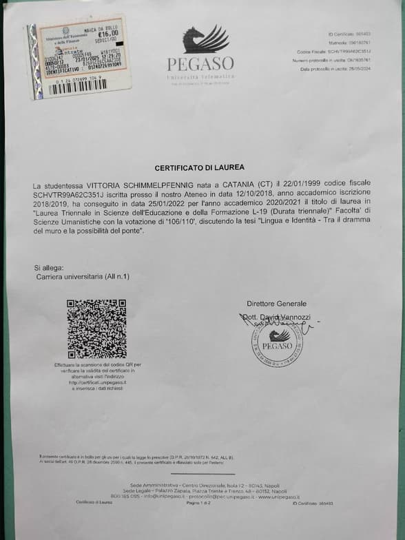 Verified degree or teaching certification of Vittoria