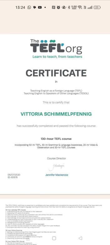 Verified degree or teaching certification of Vittoria