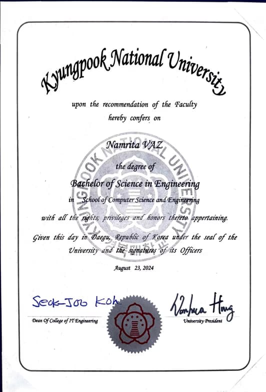 Verified degree or teaching certification of Namrita