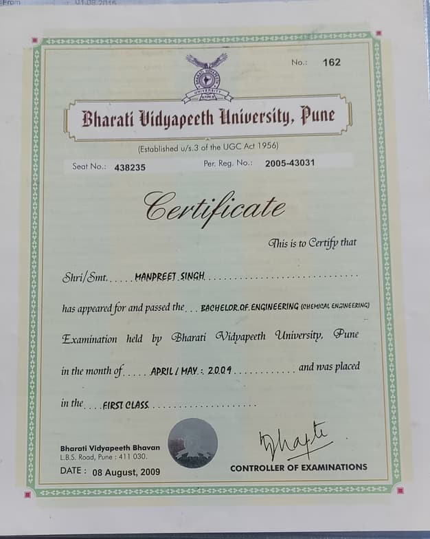 Verified degree or teaching certification of Manpreet