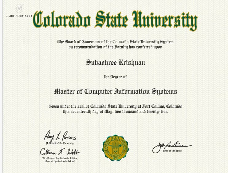 Verified degree or teaching certification of Subashree