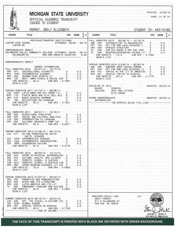 Verified degree or teaching certification of Emily