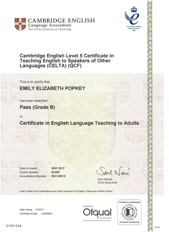 Verified degree or teaching certification of Emily