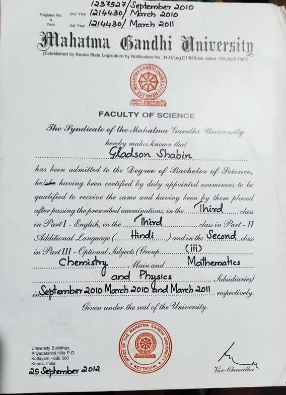 Verified degree or teaching certification of GLADSON