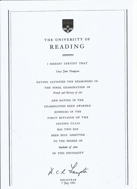 Verified degree or teaching certification of Lucy