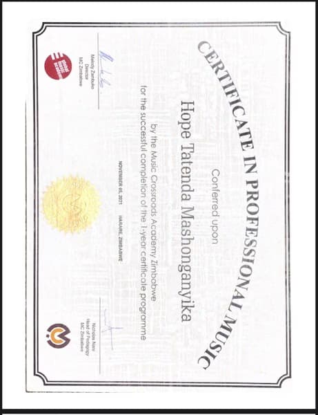 Verified degree or teaching certification of Hope