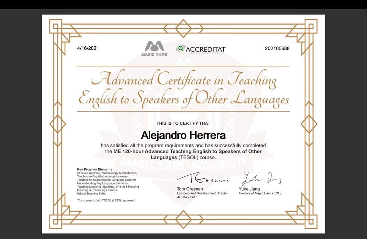 Verified degree or teaching certification of Alejandro