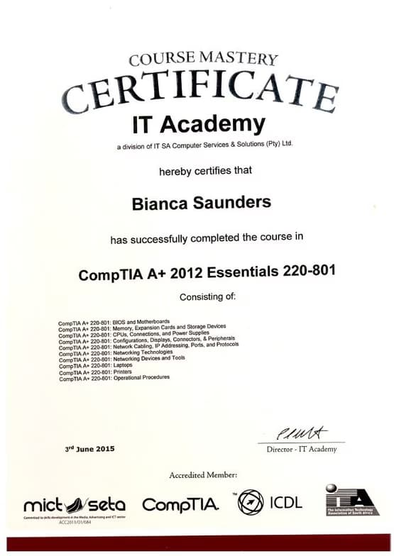 Verified degree or teaching certification of Bianca