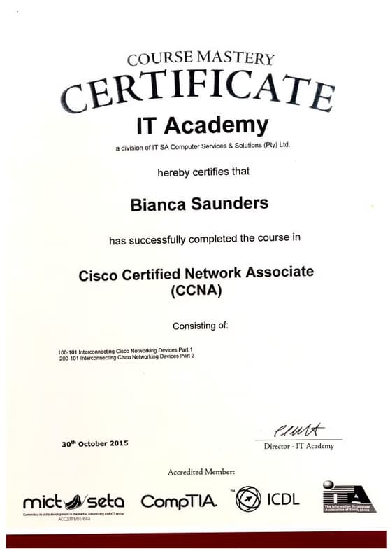 Verified degree or teaching certification of Bianca