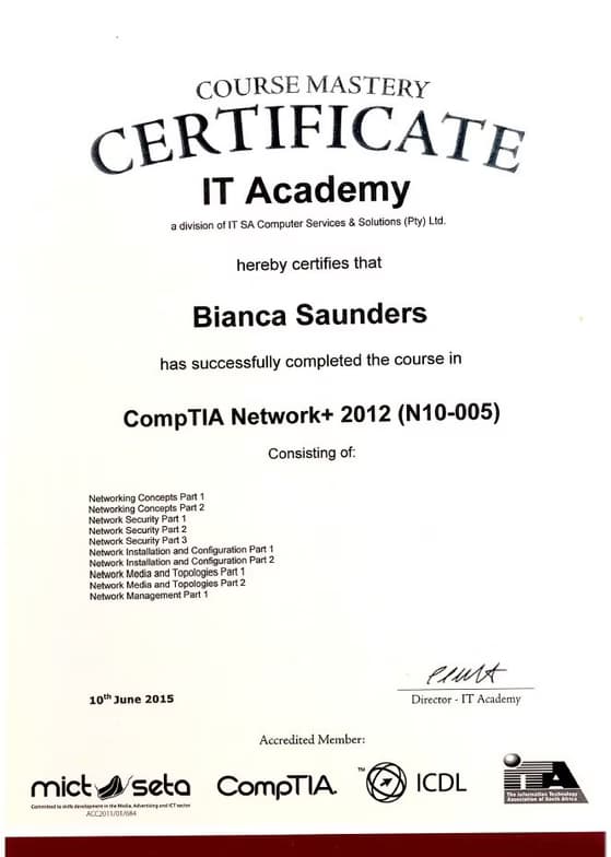 Verified degree or teaching certification of Bianca