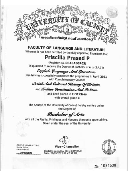Verified degree or teaching certification of Priscilla