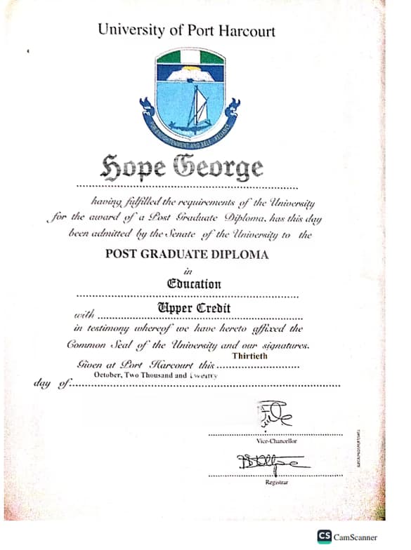 Verified degree or teaching certification of Hope