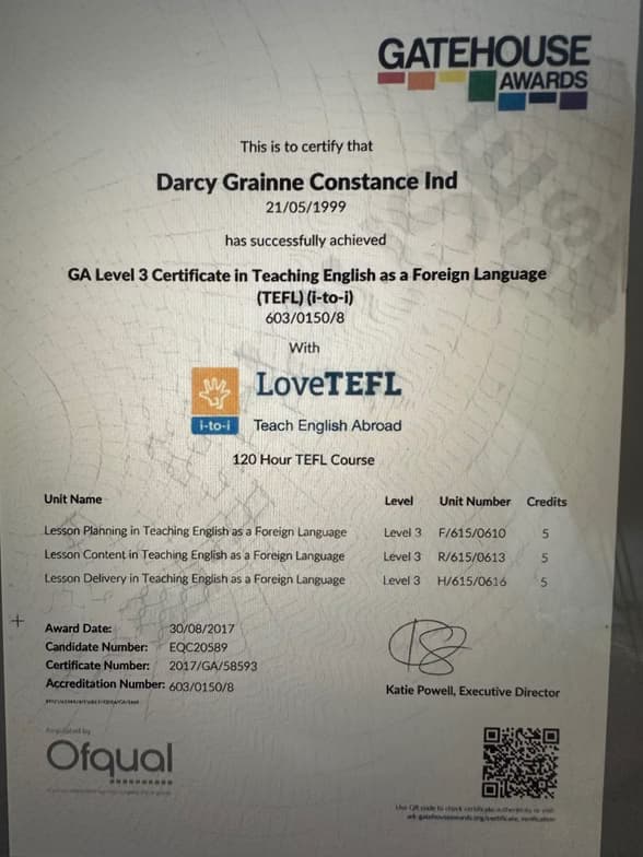 Verified degree or teaching certification of Darcy