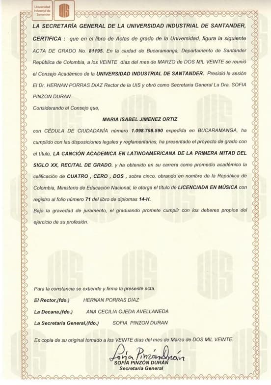 Verified degree or teaching certification of Isabel